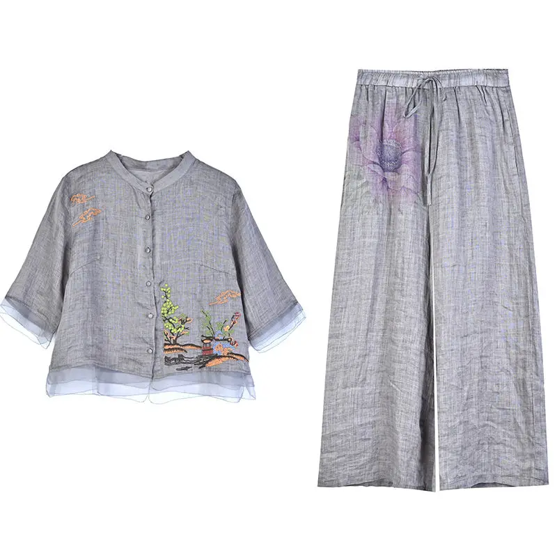 Trung Quốc Phong Cách Áo Khoác Cotton Và Vải Lanh Áo Sơ Mi Hai Mảnh Phù Hợp Với Mùa Hè Mỏng Mẹ Linen Thời Trang Quần Ống Rộng bộ H1959