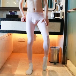 CLEVER-MENMODE Men Ice Silk Thermal Underwear Sexy Sheer Long John Pants Side Open Penis Pouch Ultra Thin Sleep Bottoms Leggings