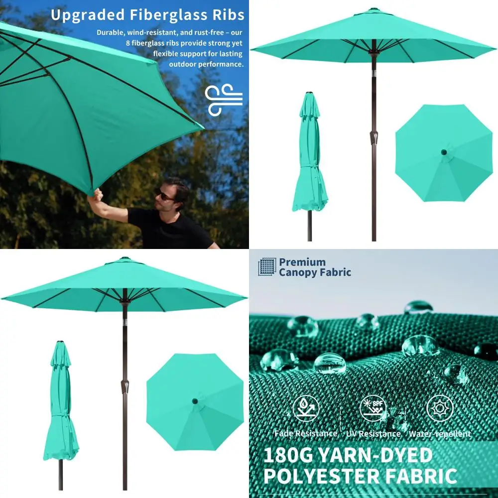 

10FT Crank and Tilt Patio Umbrella with UV-Resistant Canopy, 8 Fiberglass Ribs, Turquoise Blue