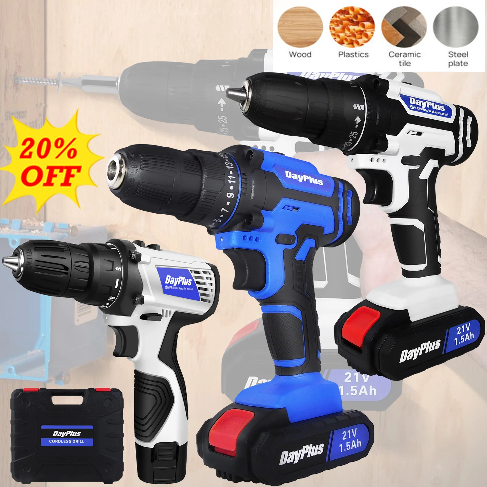 

DayPlus 21V Cordless Drill Driver, Electric Drill Screwdriver with 1500mAh Battery, 45NM 2-Speed Combi Drill 25+1 Torque Setting