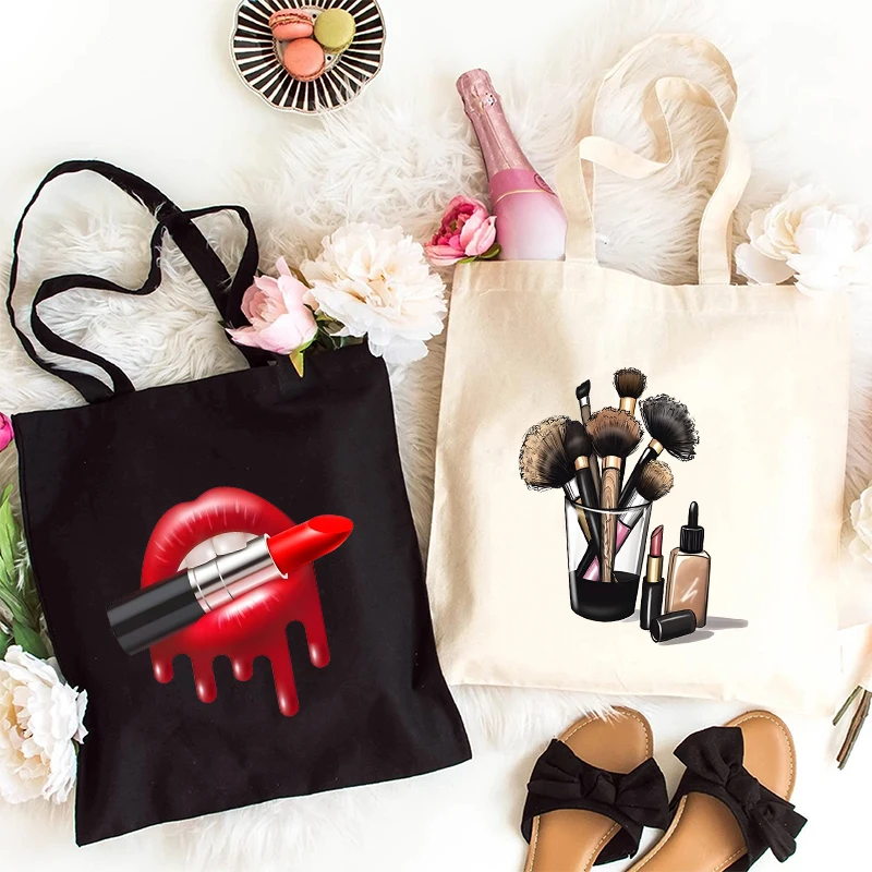 Lipstick Makeup Print Canvas Tote Bag Women Reusable Shopper Bag Harajuku Fashion Lipstick Cosmetics Shoulder Handbag Purse Tote