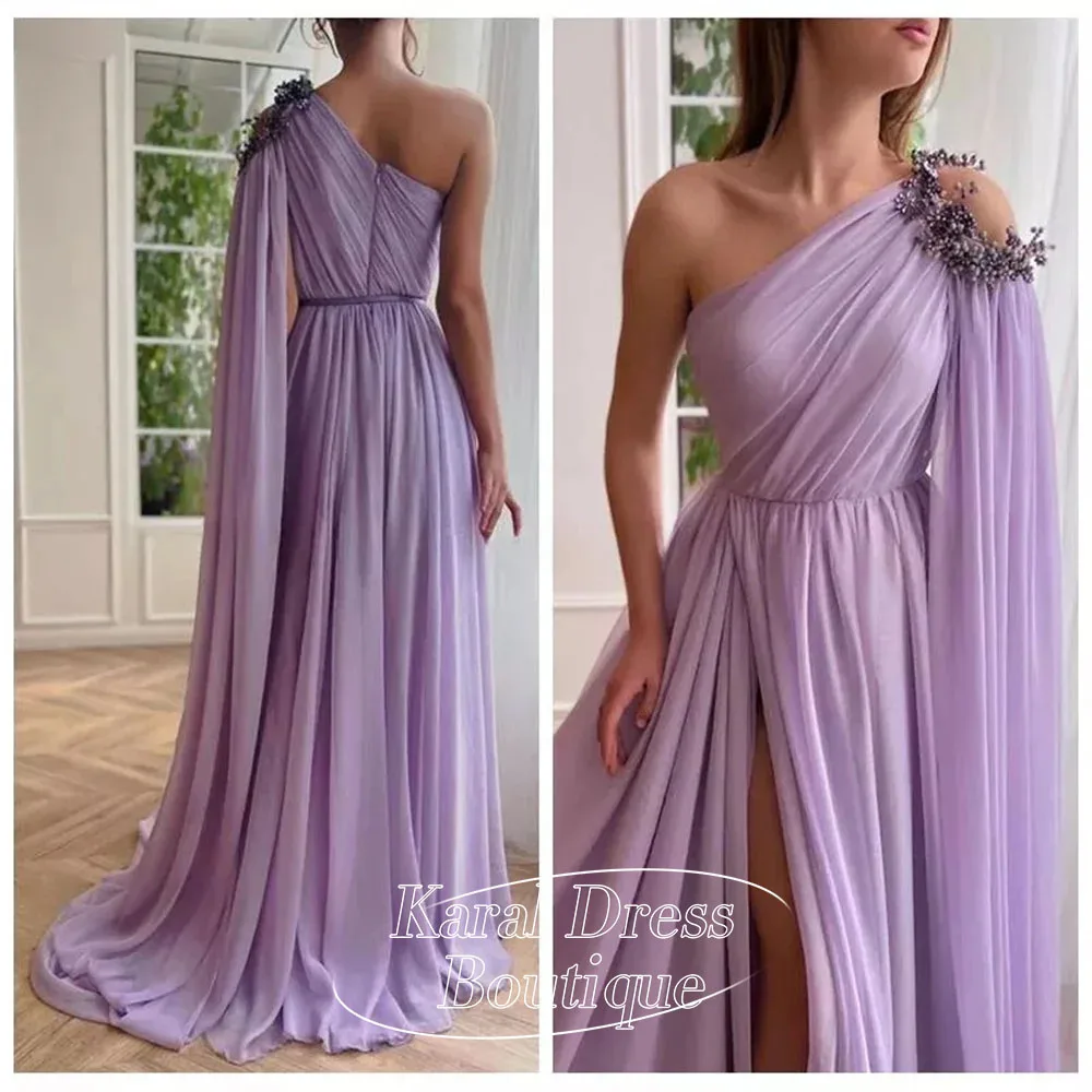 

Дубай Лавандовые шифоновые платья для выпускного вечера Вечернее платье с разрезом по бокам на одно плечо Вечернее платье трапециевидной формы длиной до пола с бисером