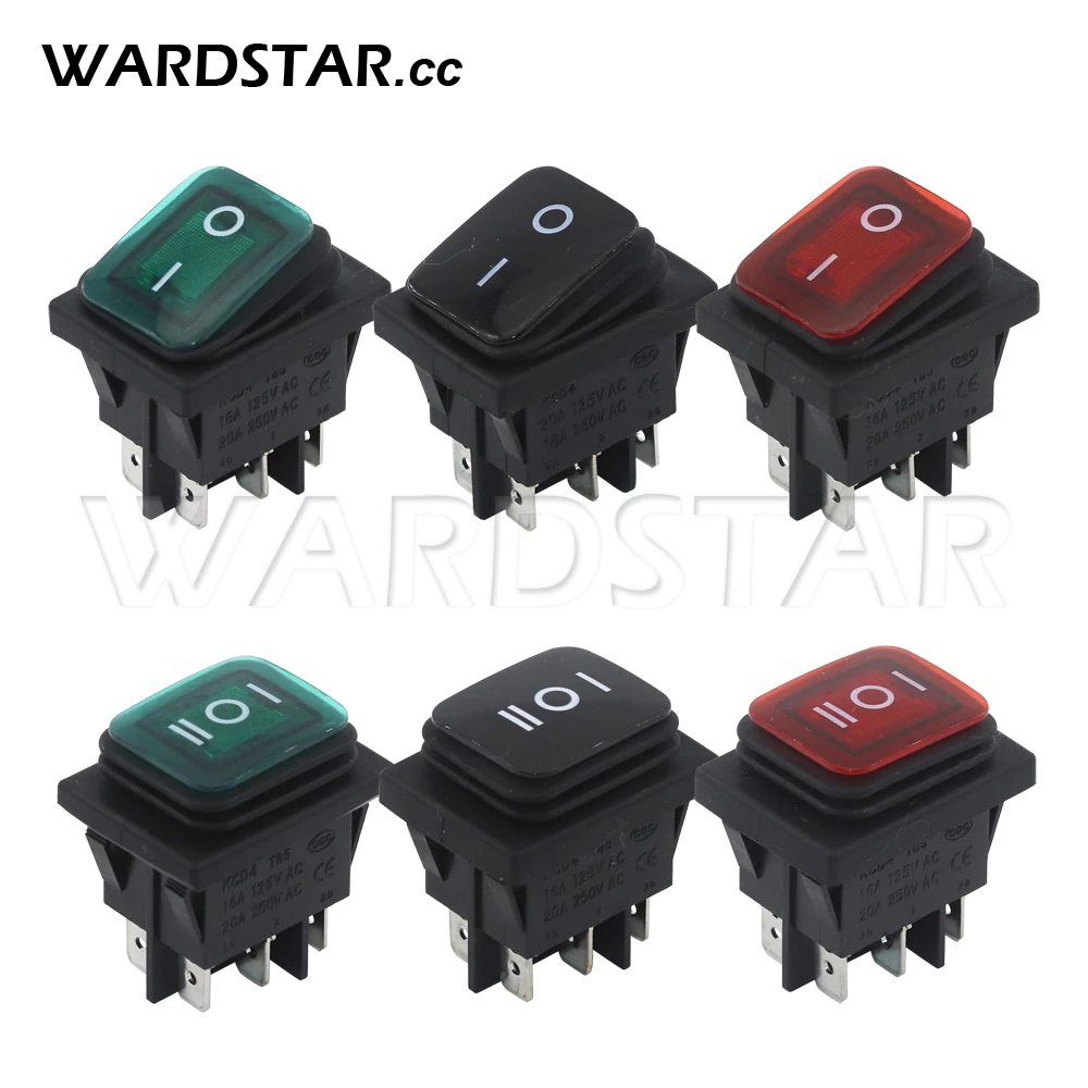 KCD4 Waterproof Rocker Switch Red/Green with LED Black Heavy Duty 6Pins 2Positions / 3Positions Auto Boat Power Switch 28.5x38mm