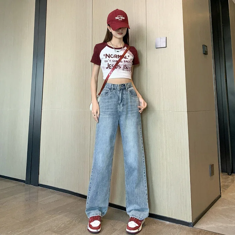 

New Arrival Soft Women's Jeans Korean Fashion Design Feel Water Washed Jeans Thin High Waist Straight Loose Womens Clothing