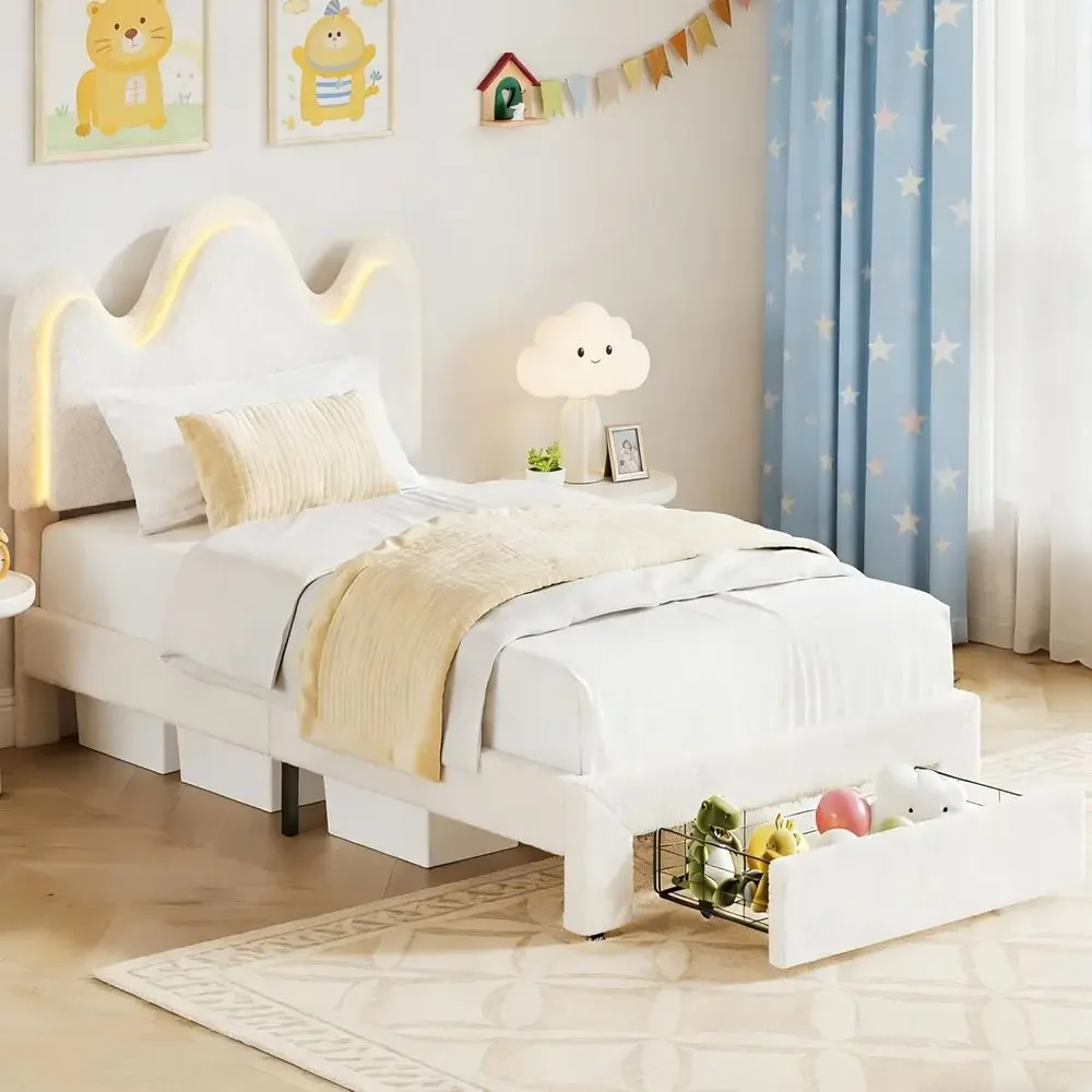 

Двуспальная кровать-платформа с обивкой, LED-подсветкой и местом для хранения под кроватью, подходит для детей/девочек, белая ткань букле