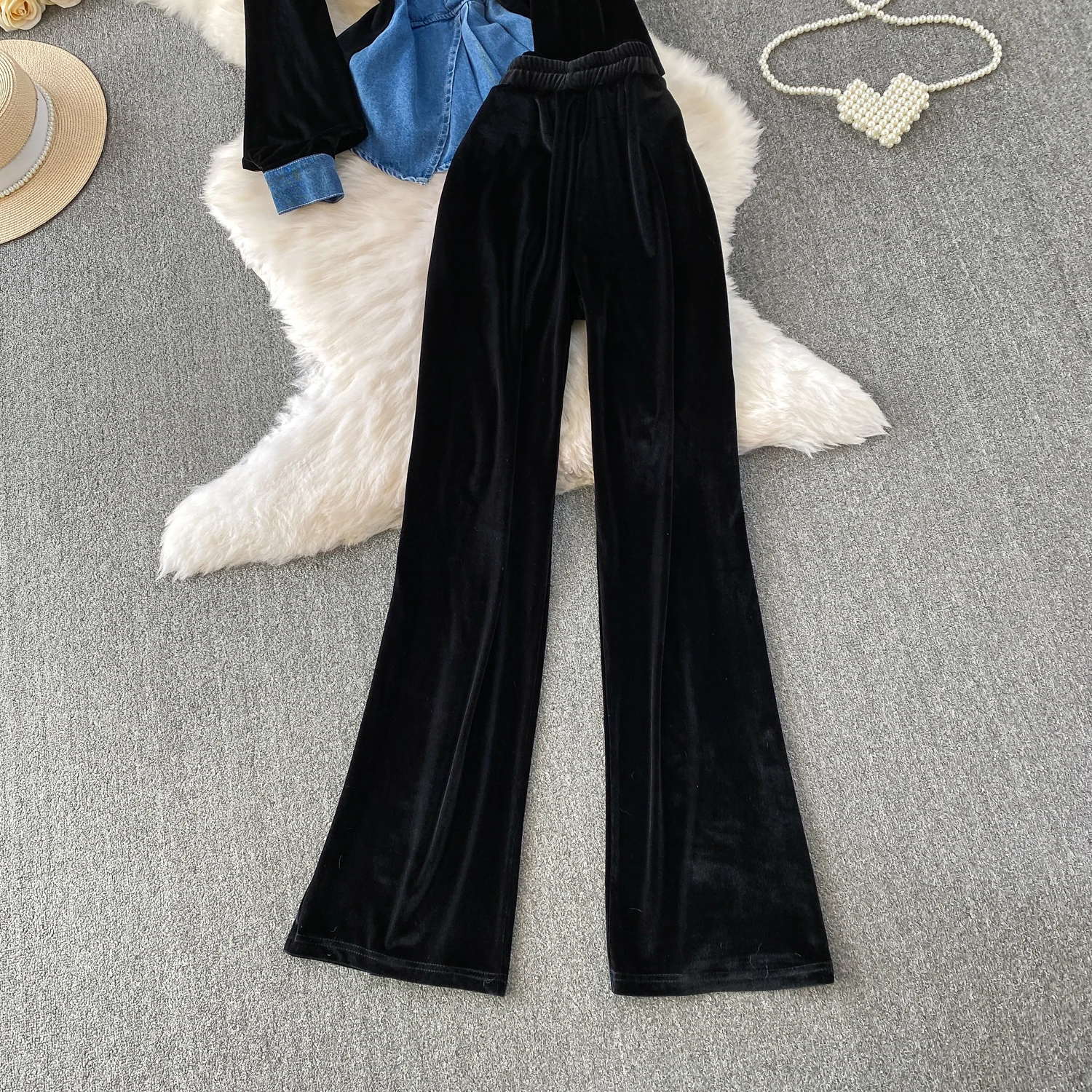 Herfst denim splitsen 2-delige set V-hals patchwork shirt fluwelen wijde pijpen broek sets Amerikaanse mode dames bijpassende kleding