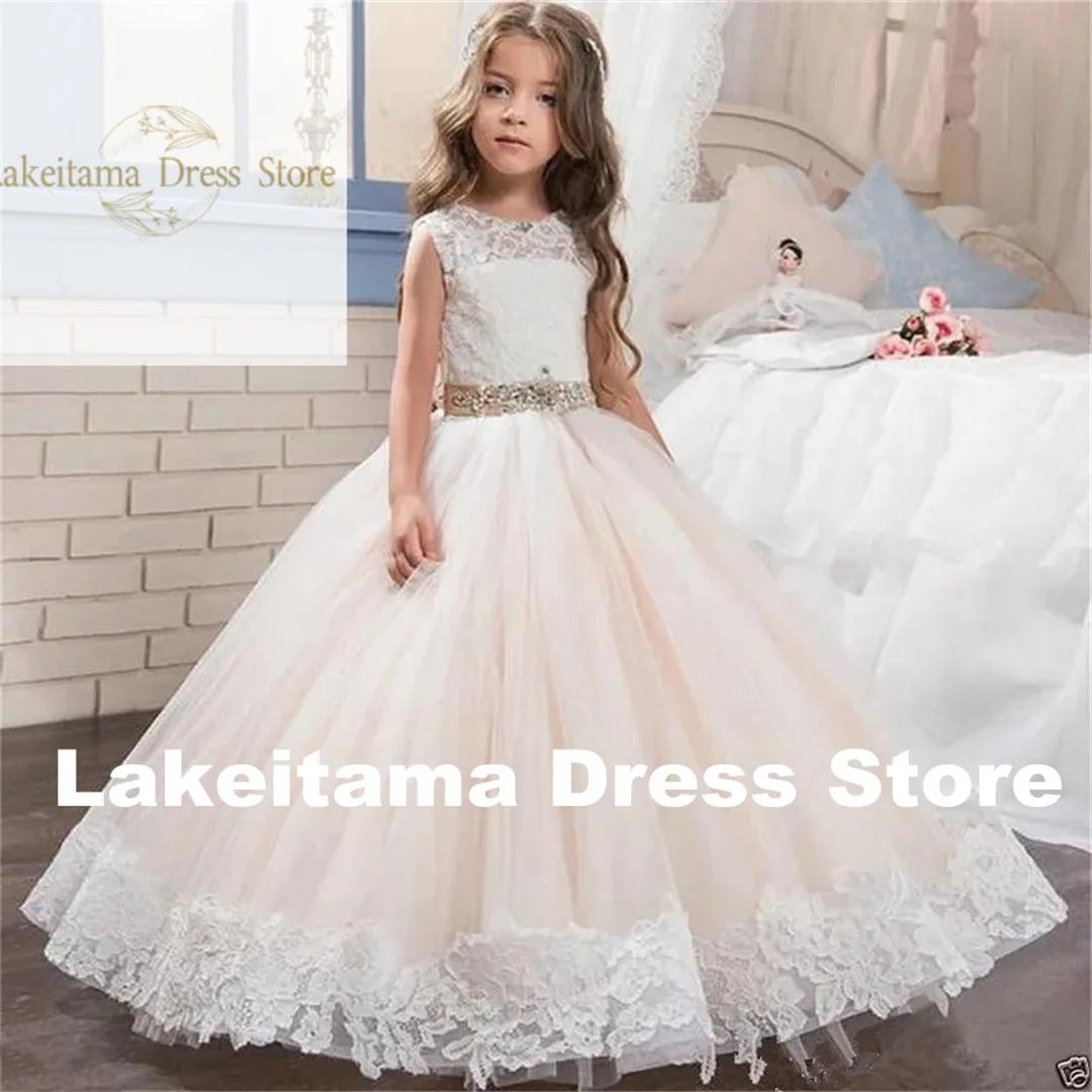 Customization Wedding Party Ball Flower Girl Dress Tulle Lace Printed Bow Princess First Communion Dresses Dream Kids Gift