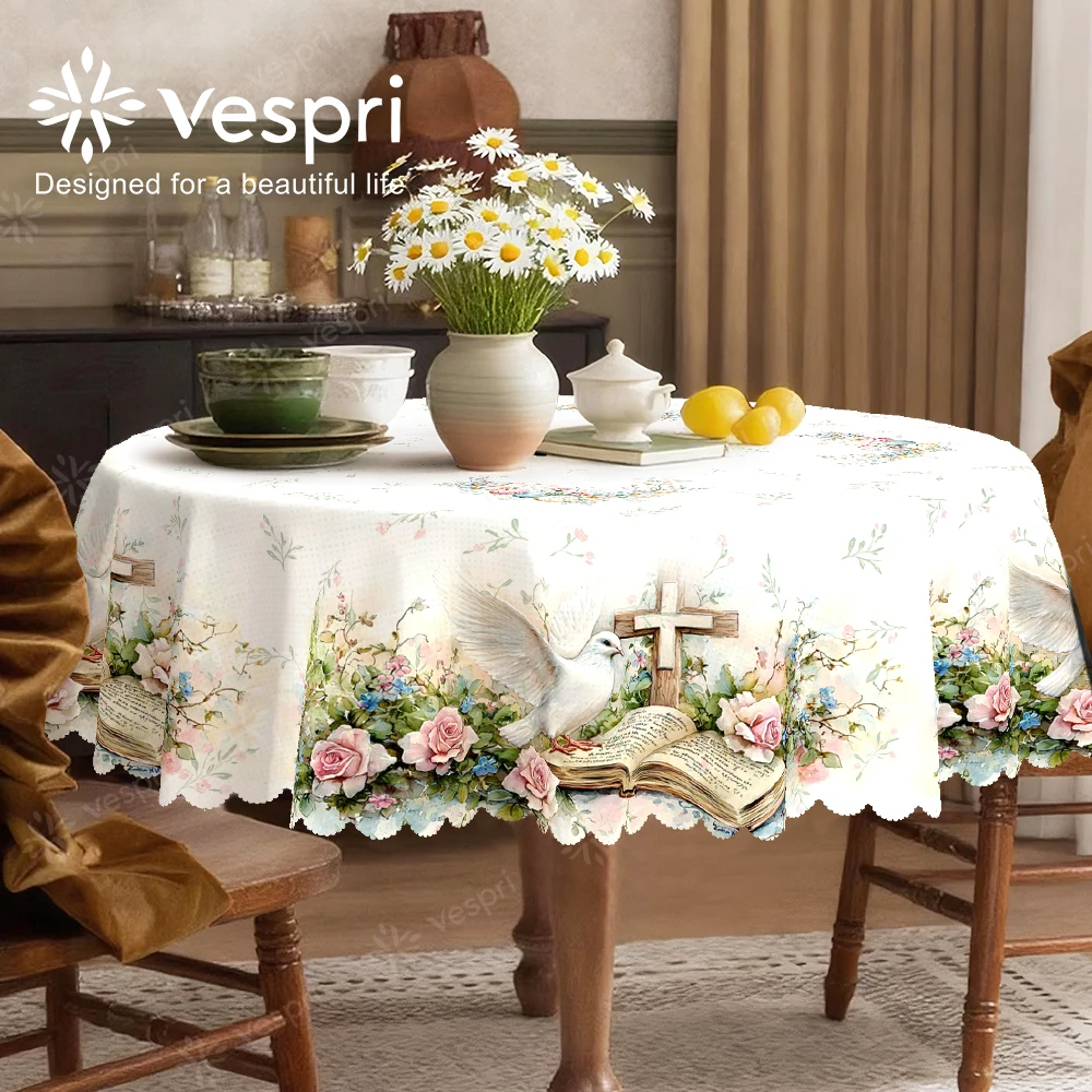 Vespri Easter Tablecloth White Pink Cross Dove Floral Decor Round Rectangle Oval Polyester for Parties Festivals