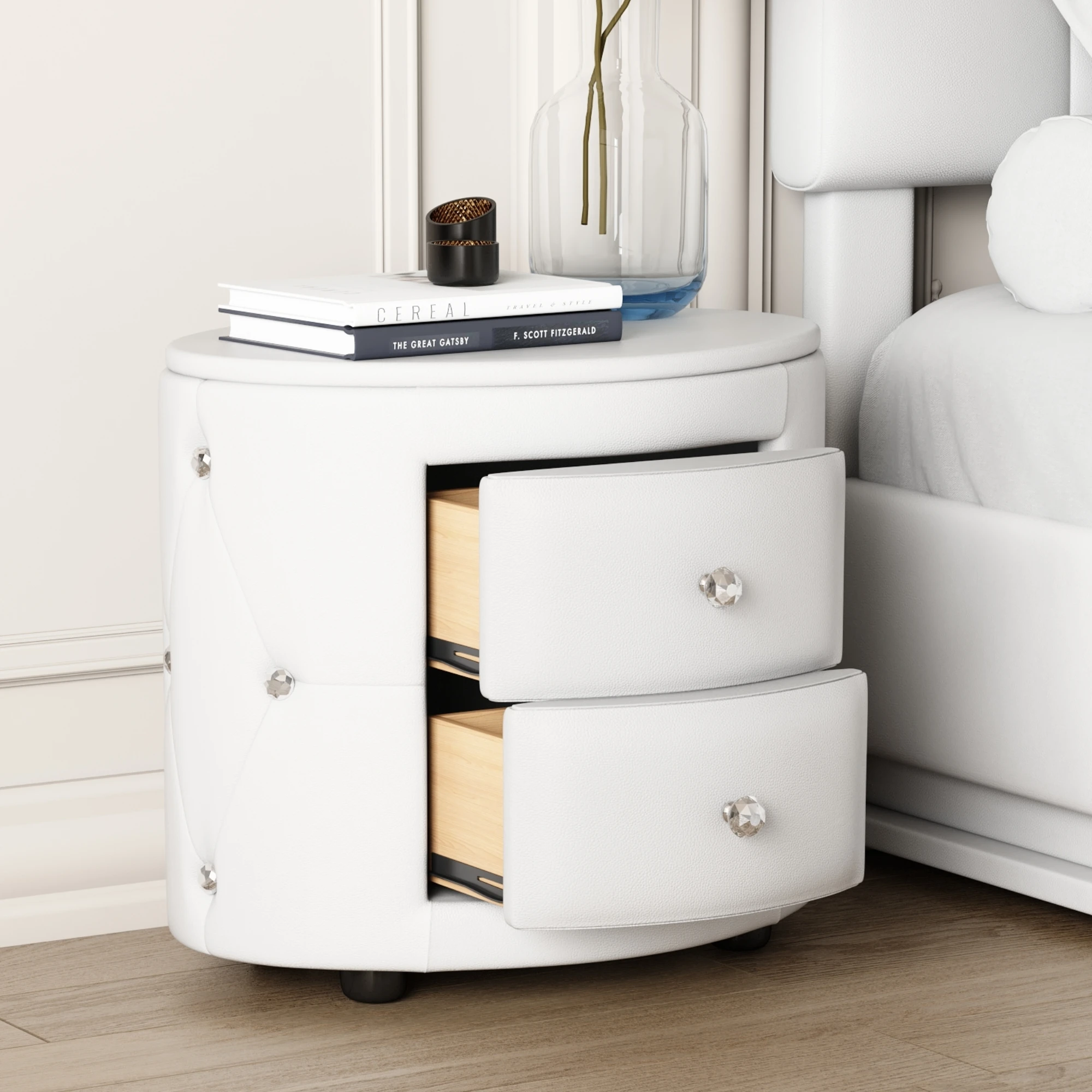 Elegant PU Nightstand with 2 Drawers and Crystal Handle,Fully Assembled Except Legs&Handles,Storage Bedside Table