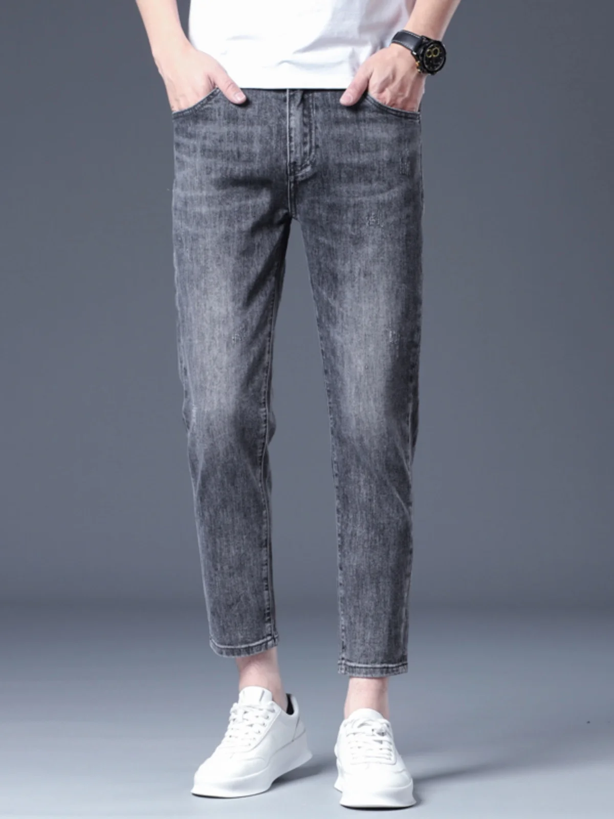 

Spring Autumn Men's Slim Fit Jeans Nine Points Thin Grey Trendy Casual Wear Resistant Cotton Stretch Denim mid Waist Zipper