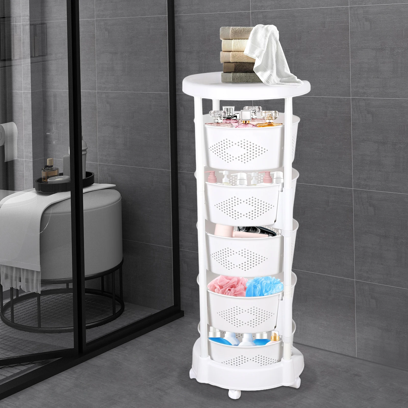 

5-уровневая круглая вращающаяся полка для хранения, нагрузка 110,23 фунта, ПП 14,37x36,22 дюйма, 180 ° Поворотные 5 роликов для кухни/ванной/гостиной