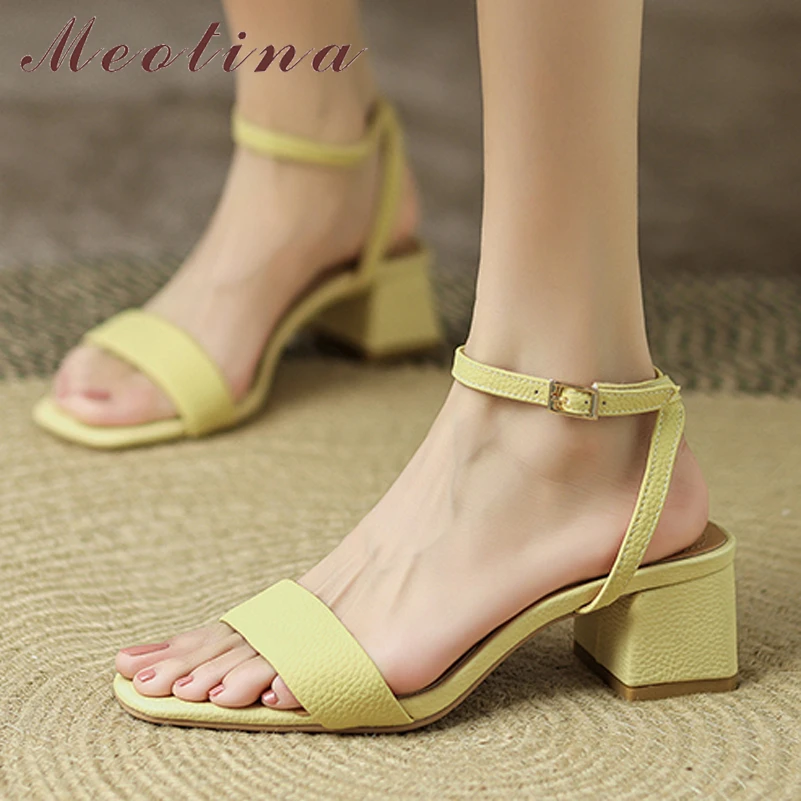 Meotina Women Genuine Leather Ankle Strap Shoes Thick Heel Summer Buckle Sandals Square Toe Mid Heels Ladies Footwear Pink Beige