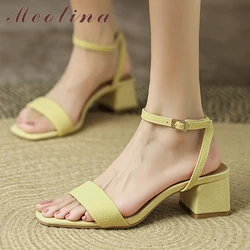 Meotina Women Genuine Leather Ankle Strap Shoes Thick Heel Summer Buckle Sandals Square Toe Mid Heels Ladies Footwear Pink Beige