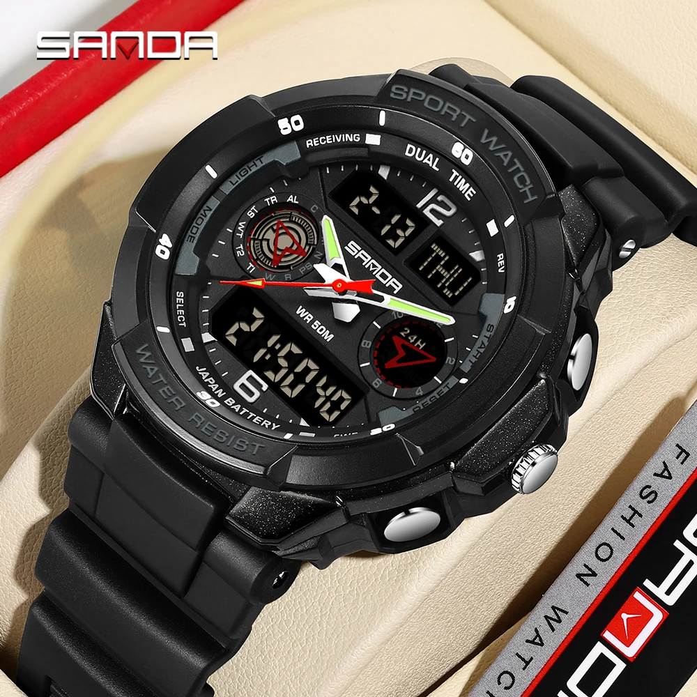SANDA 6197 Fashion Student Electronic Watch Multi functional Waterproof Alarm Clock Dual Display Men\'s Electronic Watch 2025