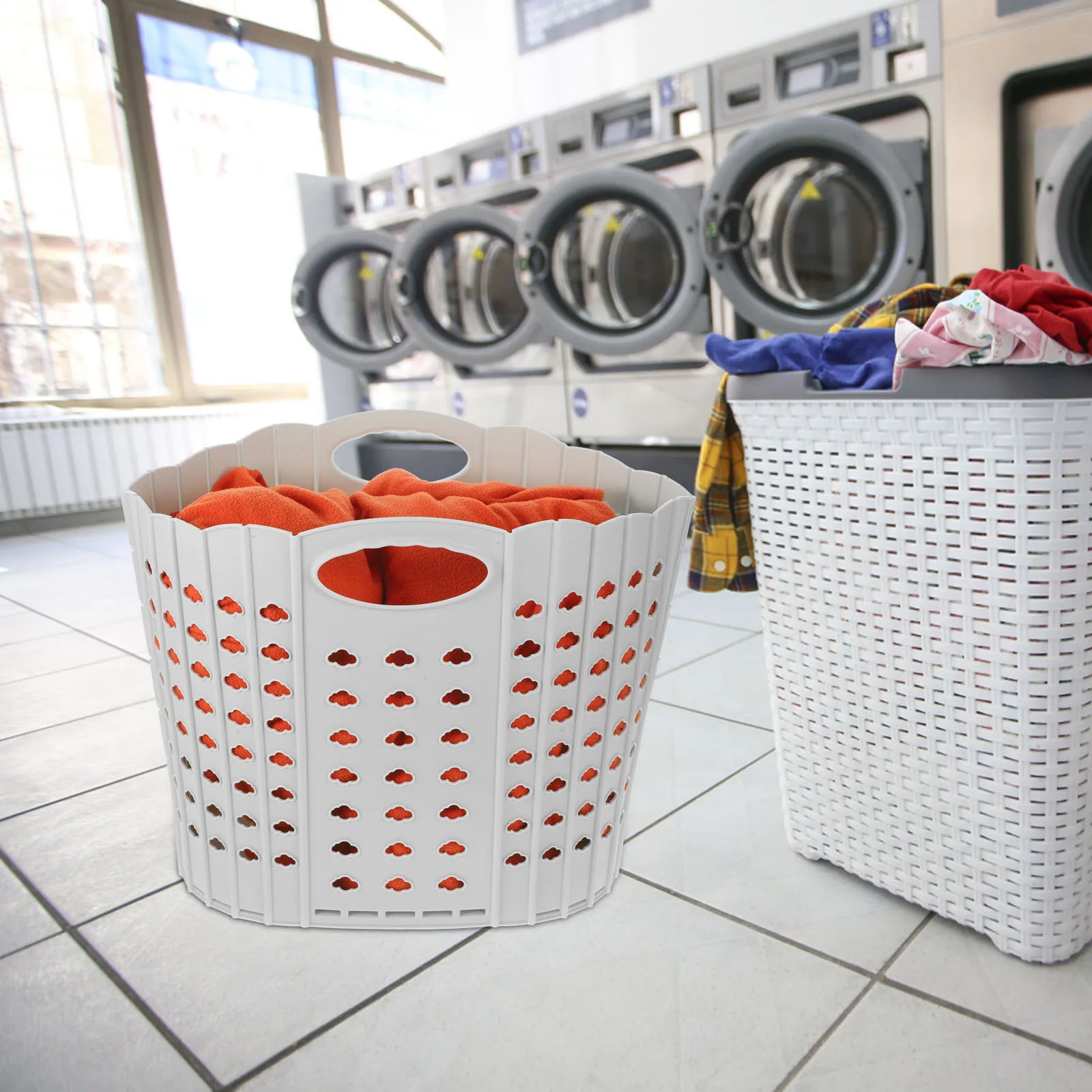 

Folding Portable Dirty Clothes Basket Small White Size Handle PP Material Storage Home Laundry Hamper Foldable Large Capacity