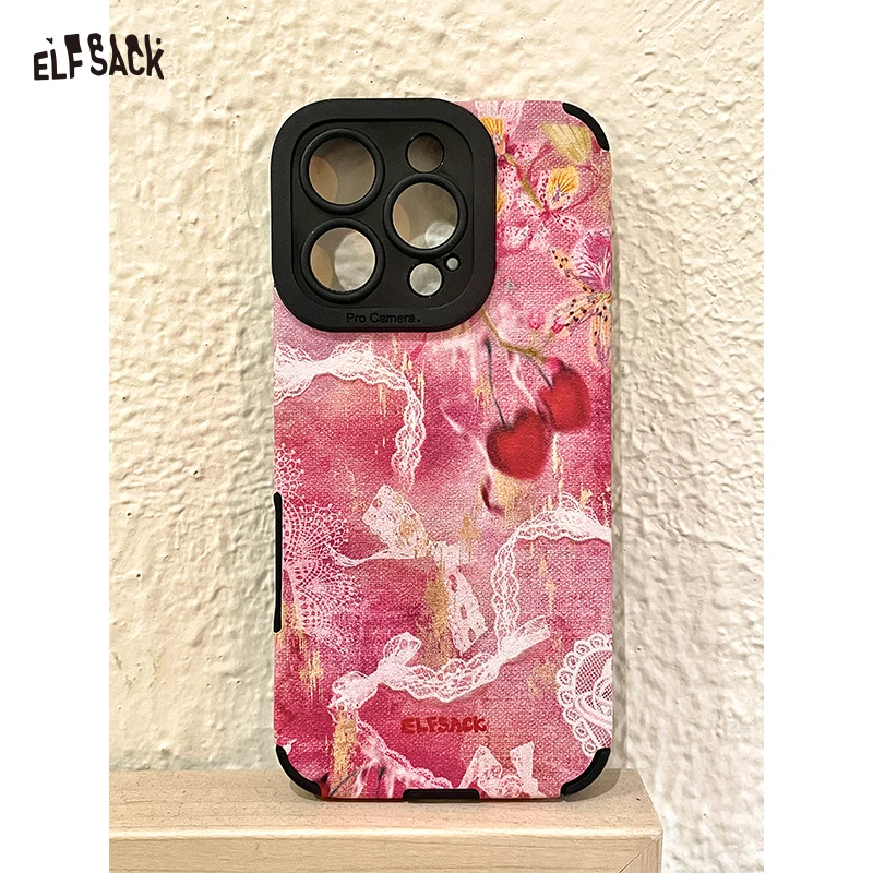 

ELFSACK Coquette Pink Phone Case with Cherry Lace Print, Sweet Y2K Bowknot Cover for iPhone, Aesthetic Shockproof Soft Shell