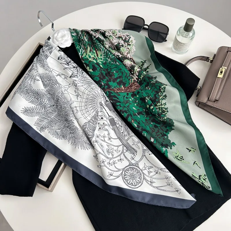

New Leaf Print Tube Top Multi-functional Shawl Simulation Silk 90 * 90c Square Scarf Women's High-end Versatile Silk Scarf