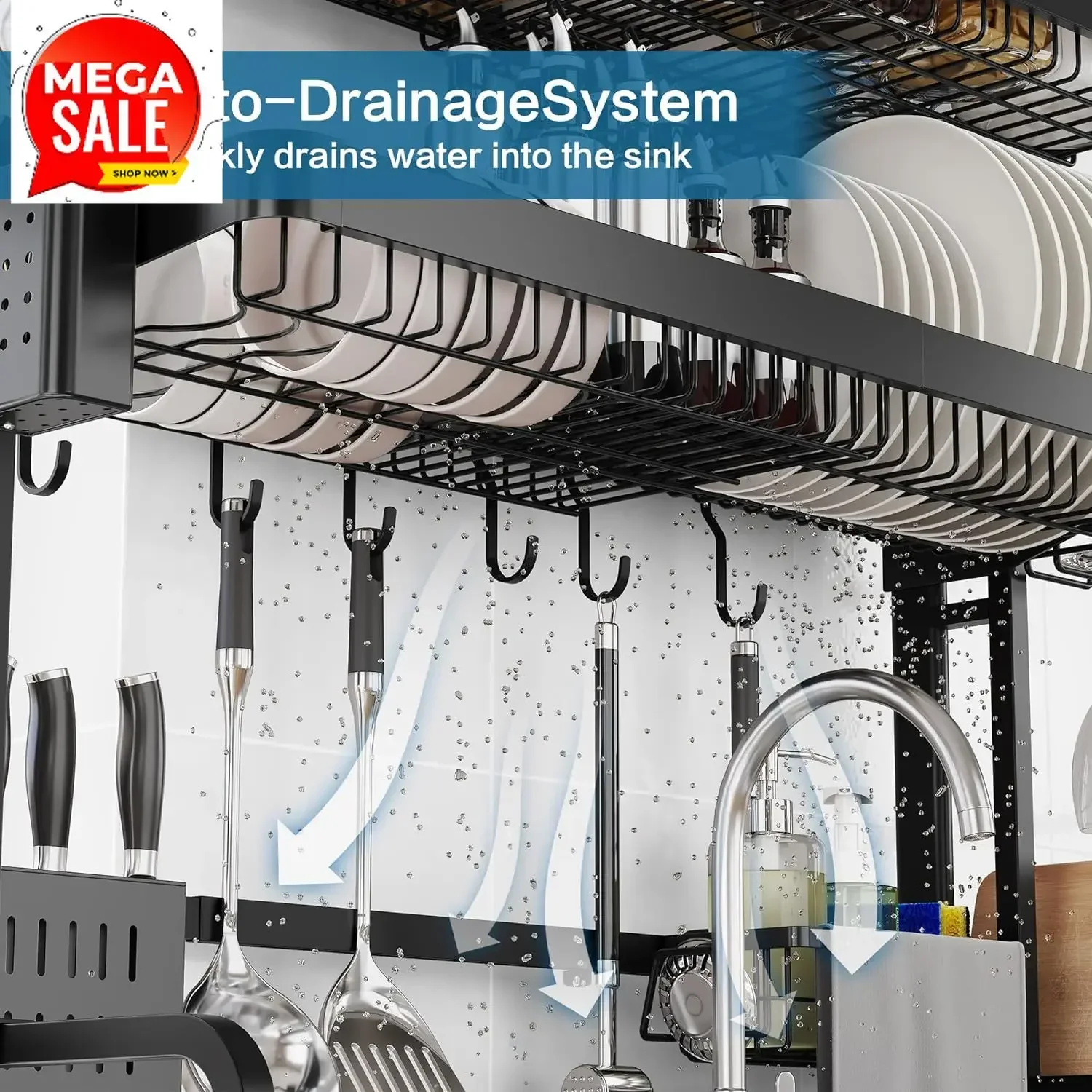 Hot SalesOver The Sink Dish Drying Rack,3 Tier Adjustable Length Full Stainless Steel Large Storage Kitchen Dish Rack,for Kitche