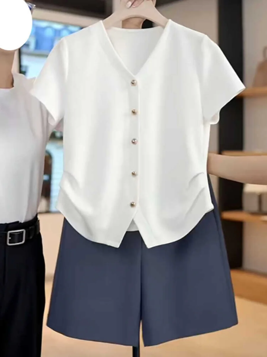 

White V-Ne ort Sve T-irt Women Summer plus Size Slimming Waist Cinched Irregular Top Korean Sle Commute Faion