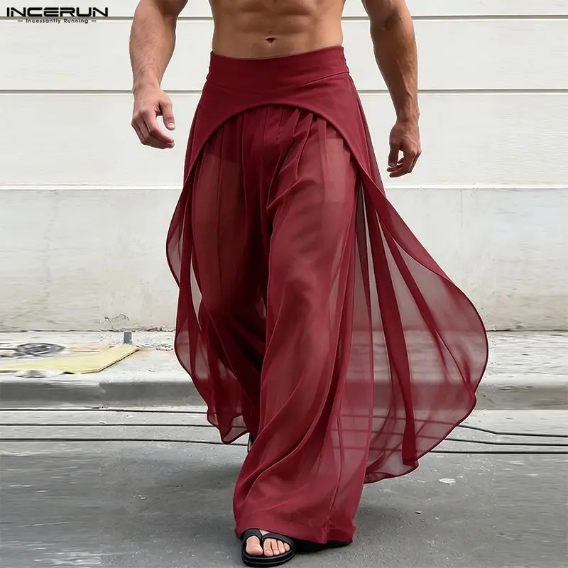 INCERUN Herrenhose, Mesh-Patchwork-Jogginghose, lockere Hose mit elastischem Bund, weites Bein, für Herren, Streetwear, unregelmäßige Oversize-Hose