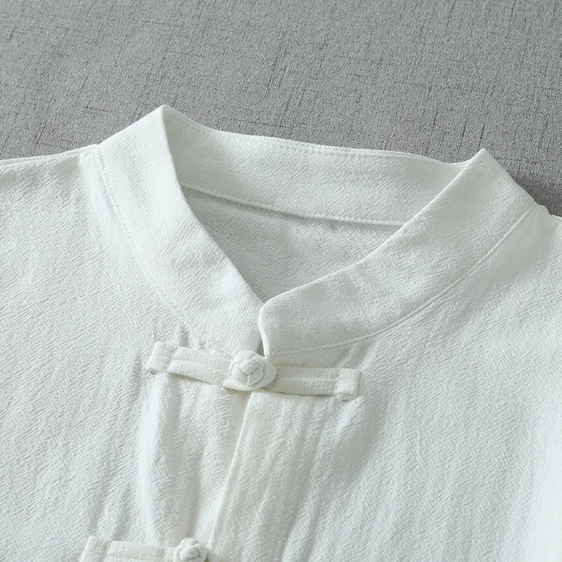 Chinese Style Casual Loose Short Sleeve Cotton Shirts Blouse Women Vintage Traditional Buttons Pockets Tops White Beige Clothing - view 3