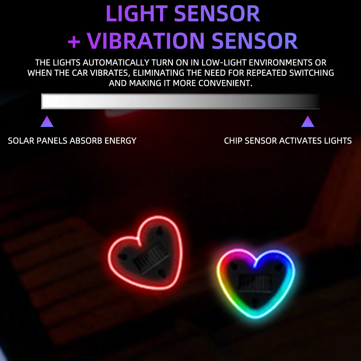 Universal Solar Atmosphere Light Heart-shaped Dynamic Gradient LED Fit Car Interior Ambient Light Decoration Accessory RGB image 3
