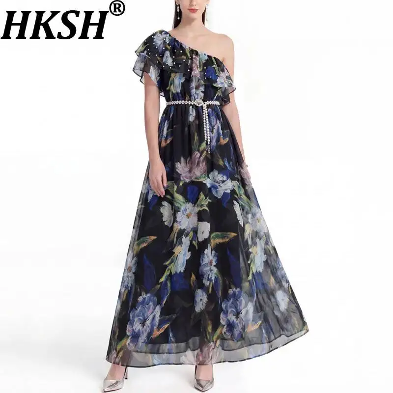 

Женское повседневное платье HKSH с открытыми плечами, короткими рукавами, плиссировкой, принтом, бисером, поясом, подчеркивающим талию, элегантное, приталенное HK22728