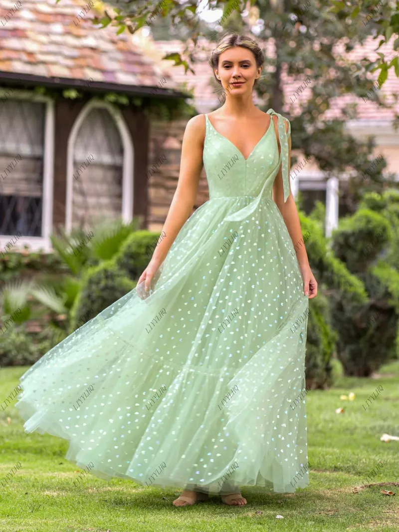 

LIYYLHQ Mint Green V-neck Dotted Floor Length Tulle Prom Dress A Line Floor Length Arabia Dubai Evening Gown Vestidos De Noche