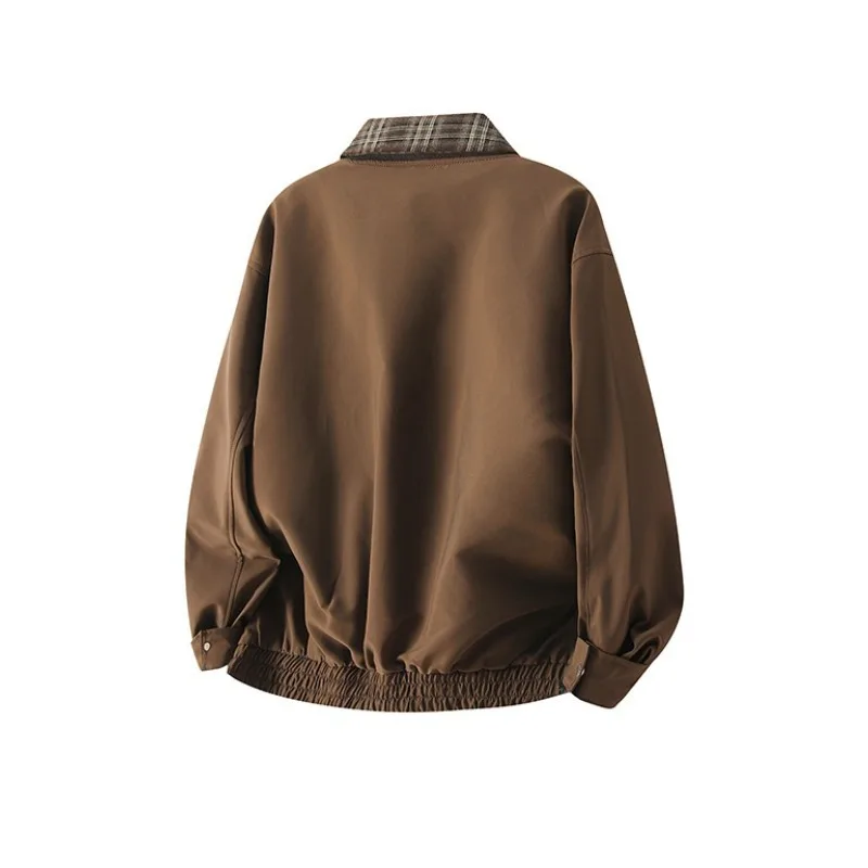 American Checkered Faux Two-piece Jacket for Men's Spring and Autumn British Style Maillard Brown Flying Lapel Jacket for Men