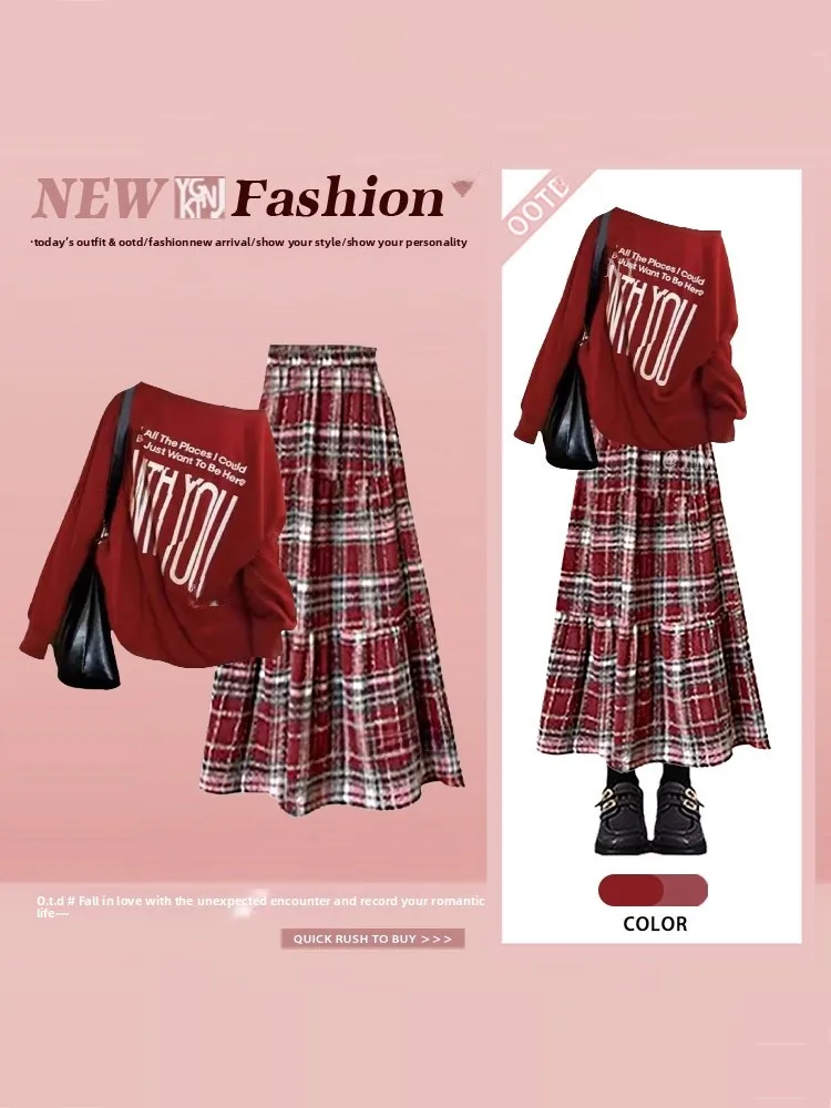 새해 레트로 체크 여성 겨울 플러스 사이즈 슬림핏 상의 하이웨이스트 스커트 레드 컬러 매칭 세트 하이웨이스트 체크 스커트...