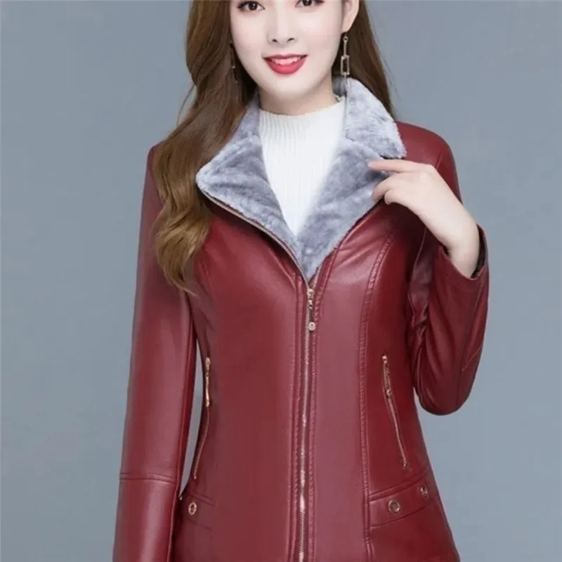 Winter Fashion Leather Jacket Female Add Velvet Add Thick Outerwear Skin Hair One Slim Fit Short Keep Warm Temperament Coat