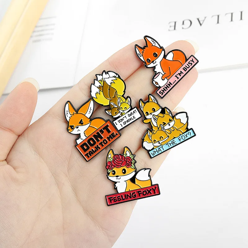 Cute Cartoon Animal Red Fox Enamel Pins Flowers Play Running Fox Reading Crown Sweet Alloy Brooch Badge Fashion Woman Jewelry