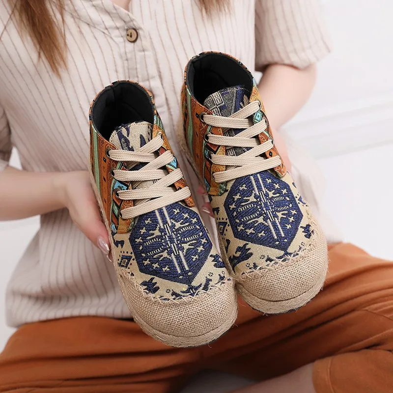 Women Shoes Boho Cotton Linen Canvas Single National Woven Round Toe Lace Up Cloth Shoes Woman Casual Flat Booties Shoes Size 40