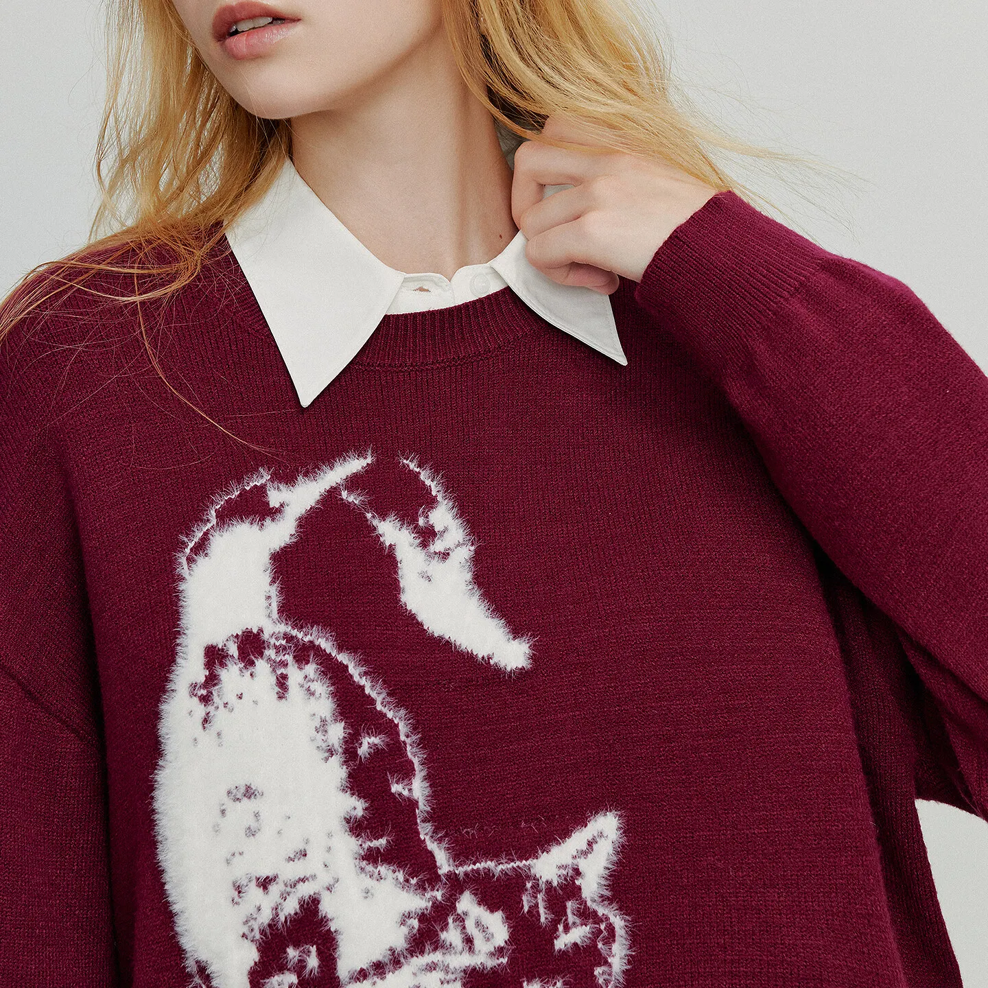 TOYOUTH المرأة محبوك سترة 2025 الخريف جديد القط الجاكار الجولة الرقبة الرجعية البلوز الصوفية النبيذ الأحمر