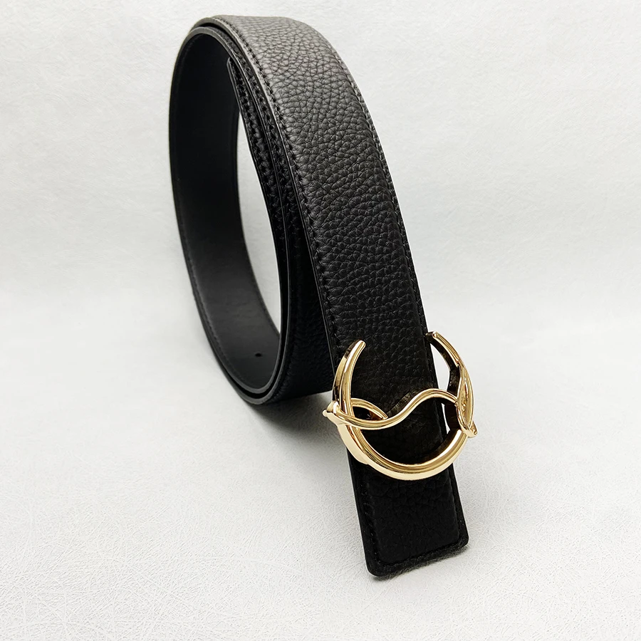 ​​2025 New Luxury Black Grain Leather Belt - Unique Curved Gold Buckle, Textured Strap for Men & Women, Fashion Dress Accessory​