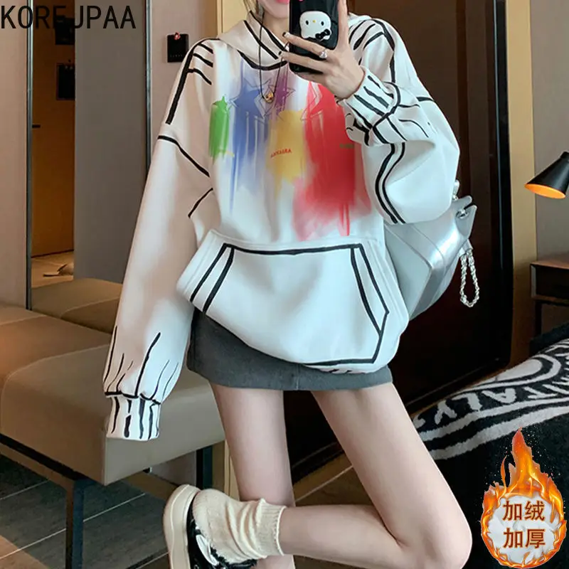 

Korejpaa America Retro Hoodie Sweatshirt Women Loose Fashion Hooded Pullover Clothes Outwear Warm Casual Sweatshirts Top