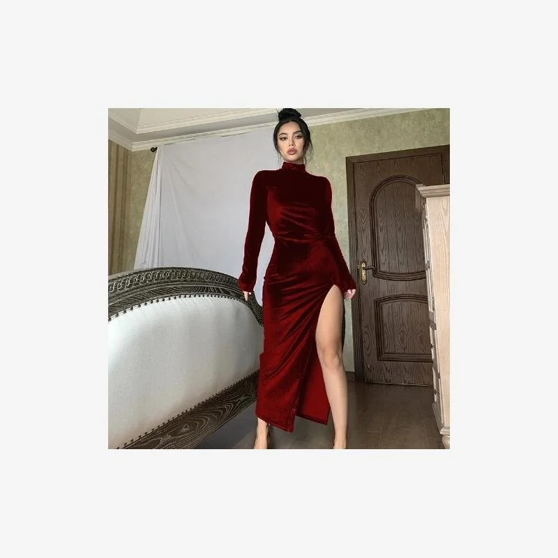 Jupe longue en velours, col haut, coupe cintrée, plissée, taille mi-haute, en coton doux, extensible, jupe trapèze, hiver