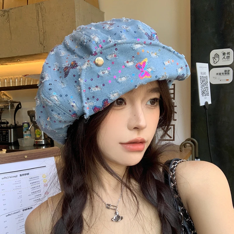 Y2k Butterfly Small Sequined Cloud Berets Caps for Women 2024 Spring and Summer Korean New Ins Niche Sweet Octagonal Hats