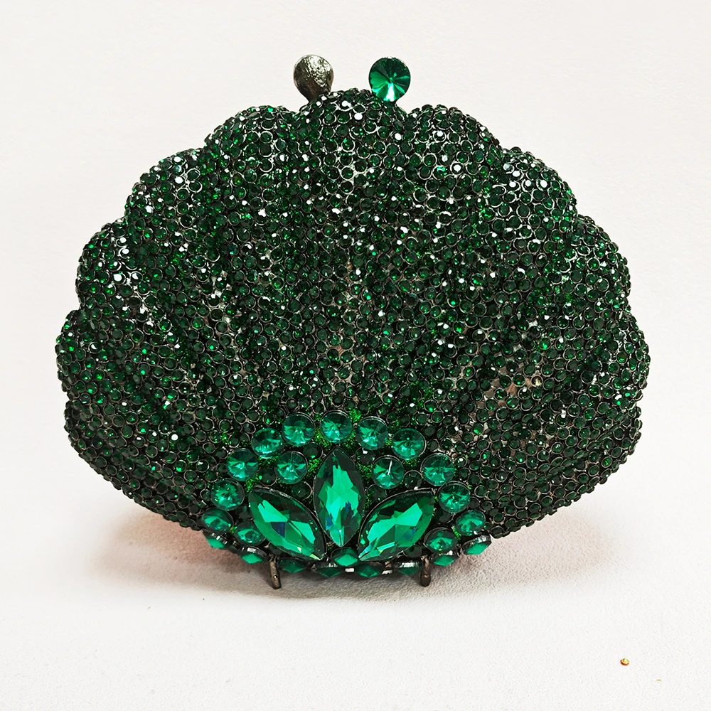 Green Shell Crystal Evening Clutch Luxury Rhinestone Party Prom Purses Lady Diamond Wedding Clutches Stone Shoulder Handbags