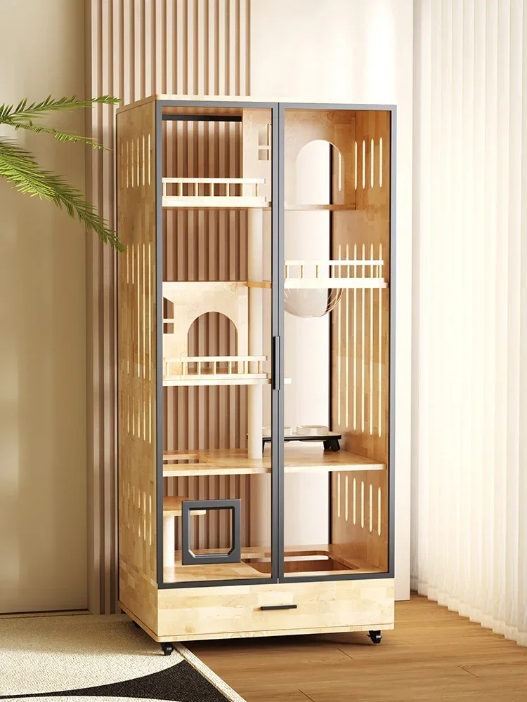 Solid Wood Cat Cage Cat Villa with Toilet Integrated Litter Box Household Cat House  Cabinet Free Space