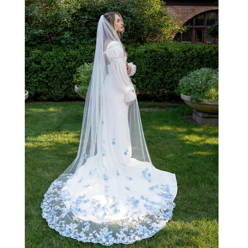 

Something Blue 3D Flowers Floral Outdoor Wedding Bridal Veils With Comb Accessories White Ivory Tulle Forest Lace Cathedral Long