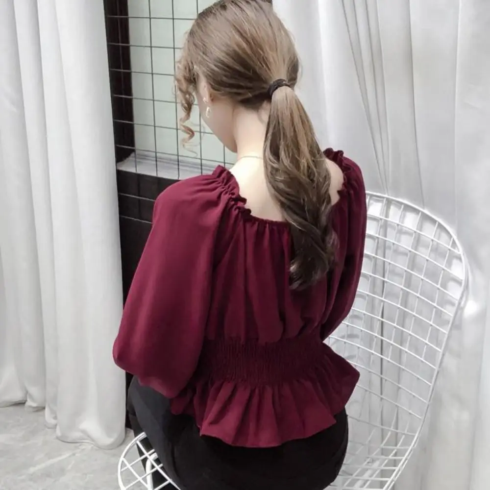 Elegant Chiffon Chiffon Blouse Off Shoulder Ruffled Ruffle Shirt Puff Sleeve Short Length Puff Sleeve Blouse Office Wear
