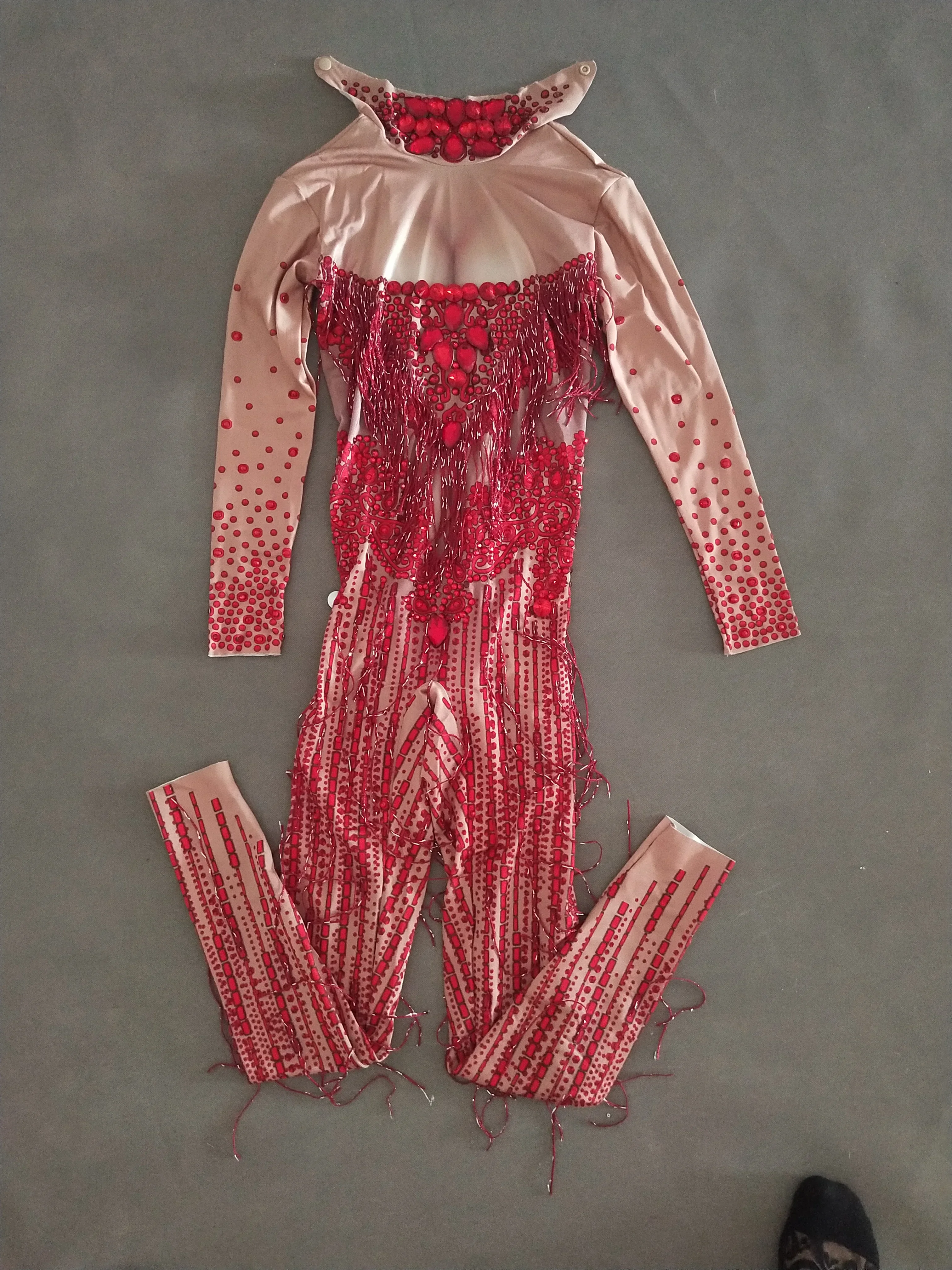 여성 섹시 레드 라인스톤 태슬 점프수트 스트레치 크리스탈 바디수트 바 파티 무대 의상 생일 축하 댄스 의상