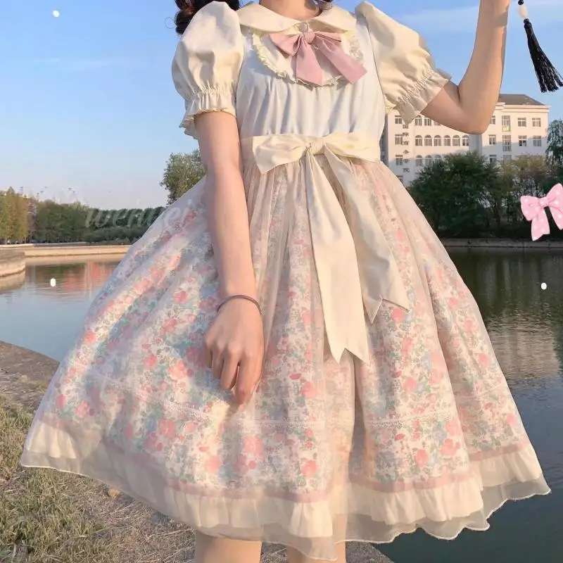 Nieuwe Y 2K Lolita Op Bloemenprint Kawaii Zacht Meisje Jurk Vrouwen Strik Peter Pan Kraag Feest Mini Jurken Japanse Zoete Korte Mouw