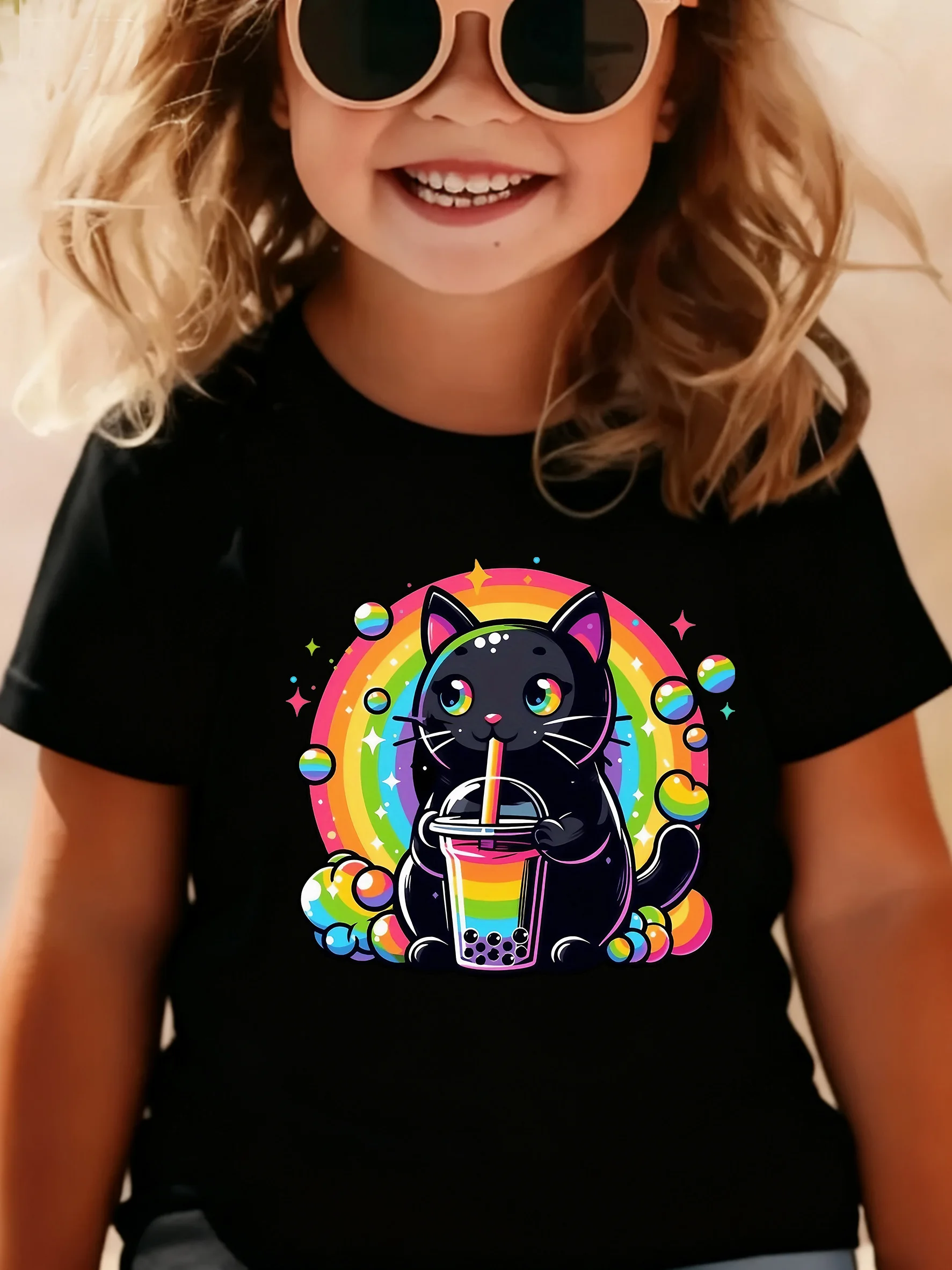 Cartoon Cat Drinking Juice with Rainbow Design T Shirts Kids Children's T-shirt Boys Girls Summer Spring Casual Top Tee
