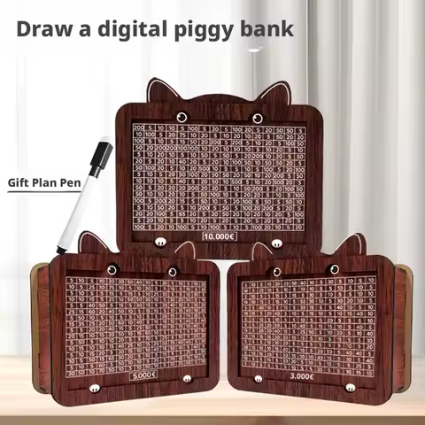 Wooden Digital Piggy Bank Cat Shape Money Saving Box With Number Grid Gift Plan Pen Euro Storage Organizer For Saving Goals