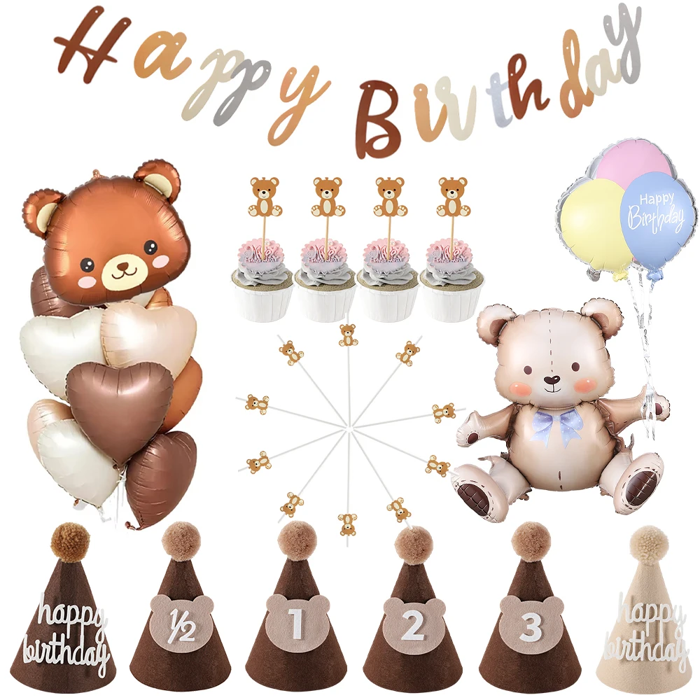 

Bear Birthday Party Decor Cute Bear Heart Balloon Happy Birthday Hat Bear Banner Cake Topper Straws Baby Shower Party Supplies