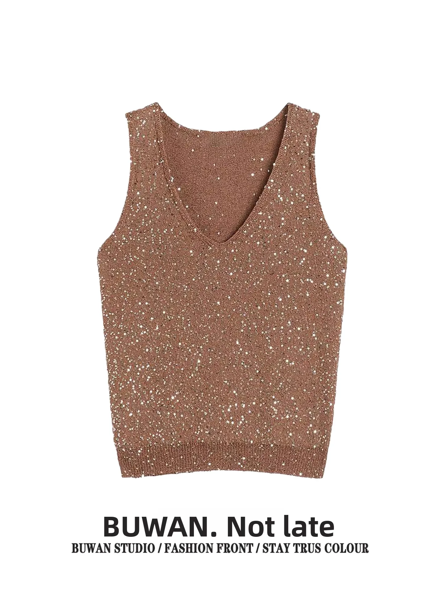 

Browm Shiny V-Neck Knitted Vest Unique Beautiful Casual Sleeveless Top Commute Style Pure Color Autumn New Arrival 2025