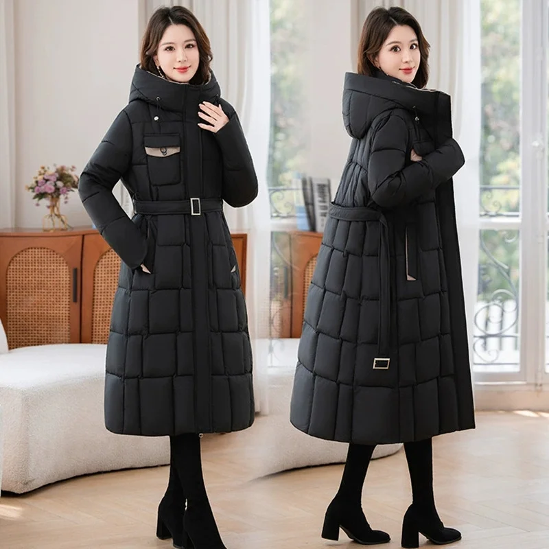 

2025 Fashion X-long Cotton-padded Jacket Women's Coats Winter Parkas Sashes Slim Thicken Contrast Color Hooded Casual Outerwear