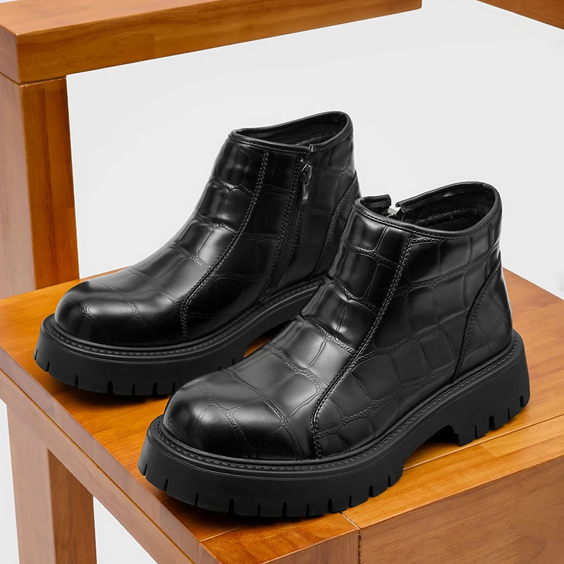 Men Glossy Leather Square Toe Slip on Ankle Boots Thick Lug Platform Sole Wear Resistant Autumn Winter Street FashionCasualShoes view 4